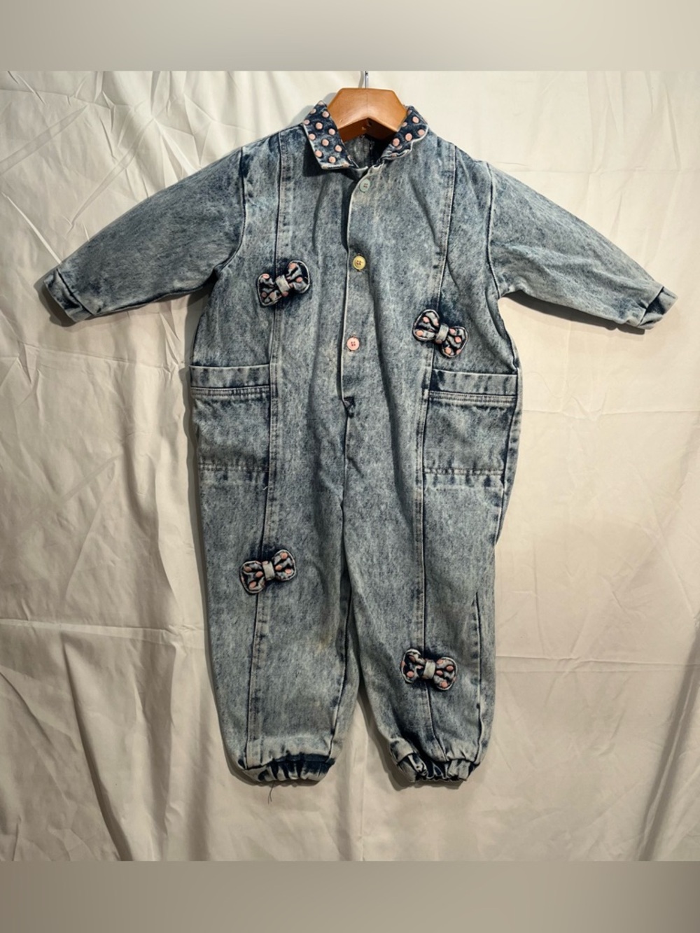 Vintage Popsicle Acid Wash Denim 3T Toddler Jumpsuit/Romper Polka Dots Bows 80s